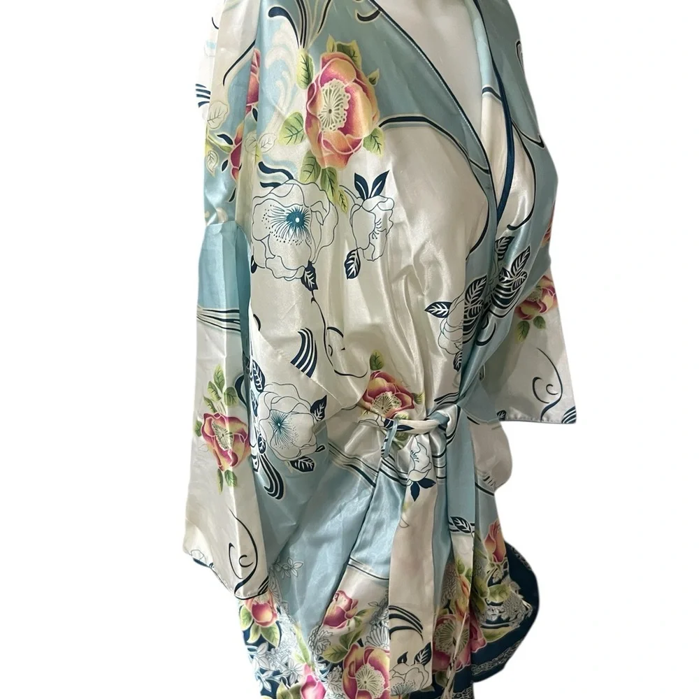 Oscar Del Le Renta Floral Satin Kimono Robe